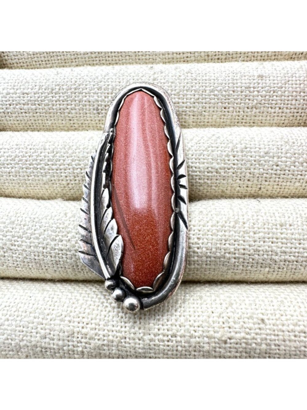 Native American Hallmarked Large Gold Stone Sterling Silver Ring Size 7 - Picture 2 of 10